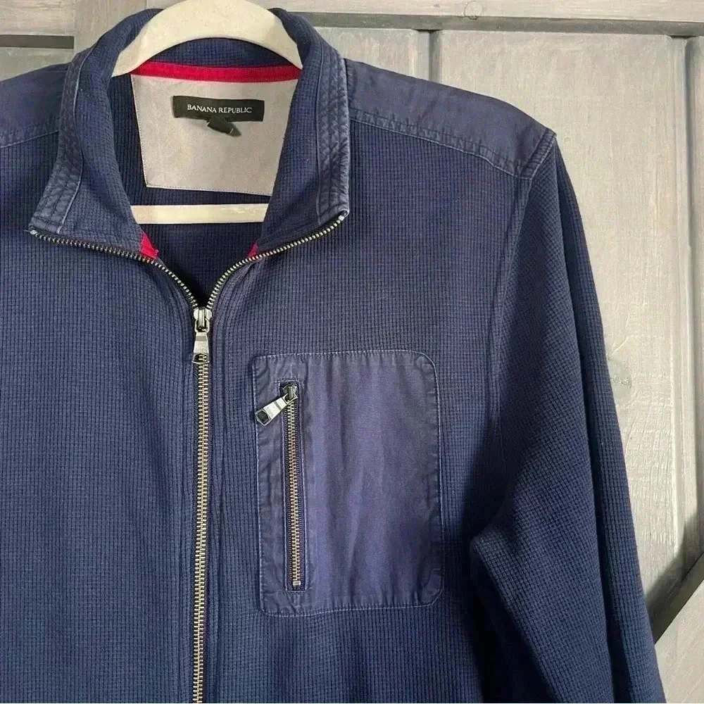 Banana Republic Men’s Blue Waffle Knit Full Zip Sweater Jacket L Casual‎ Luxe